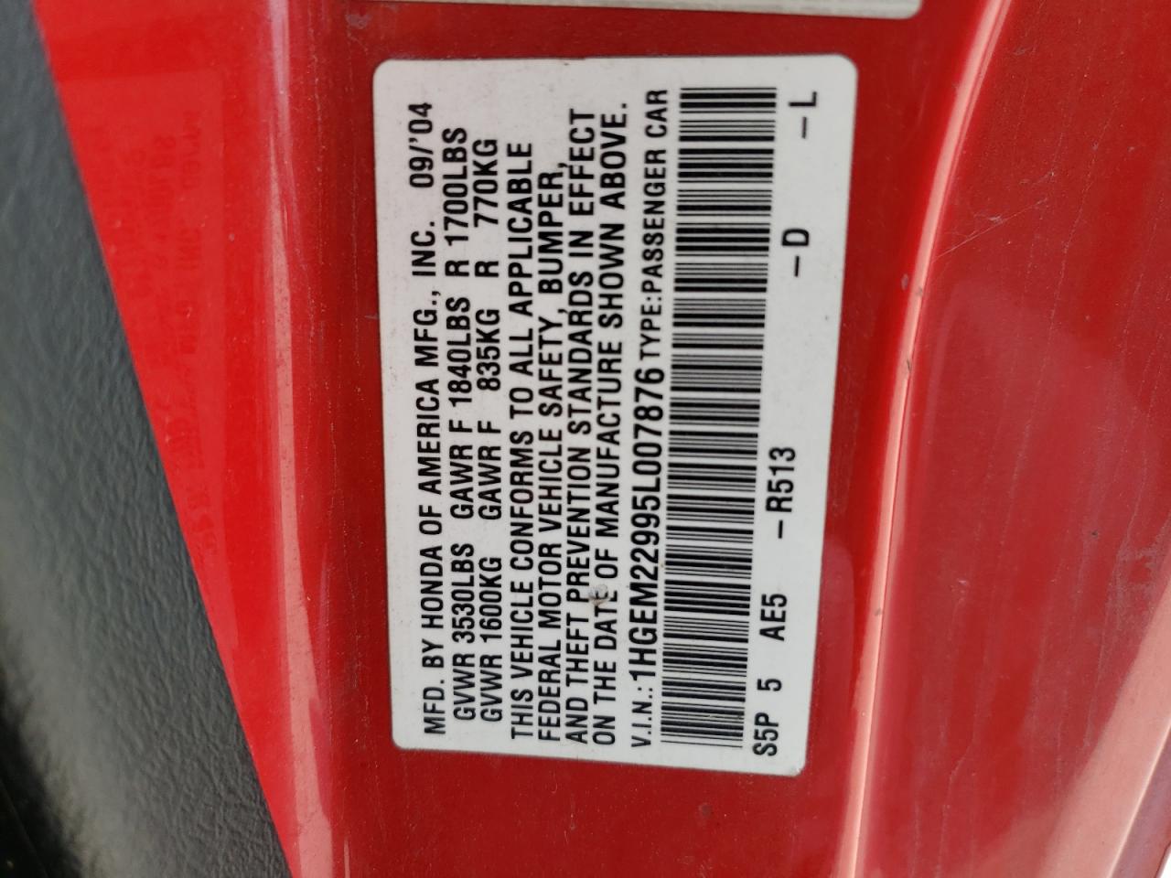 Photo 10 from auction – 2005 HONDA CIVIC EX with VIN 1HGEM22995L007876