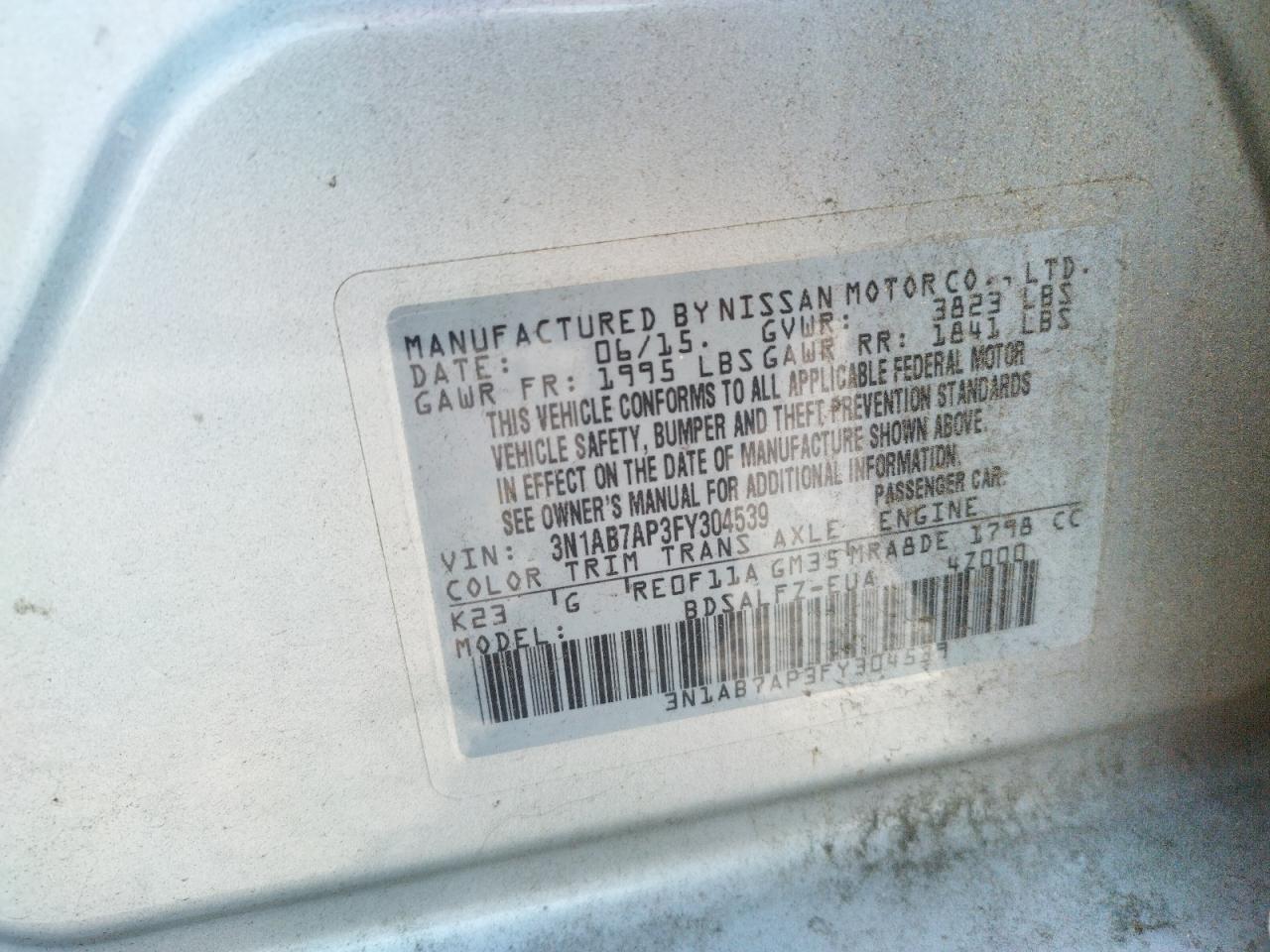 Photo 10 from auction – 2015 NISSAN SENTRA S with VIN 3N1AB7AP3FY304539