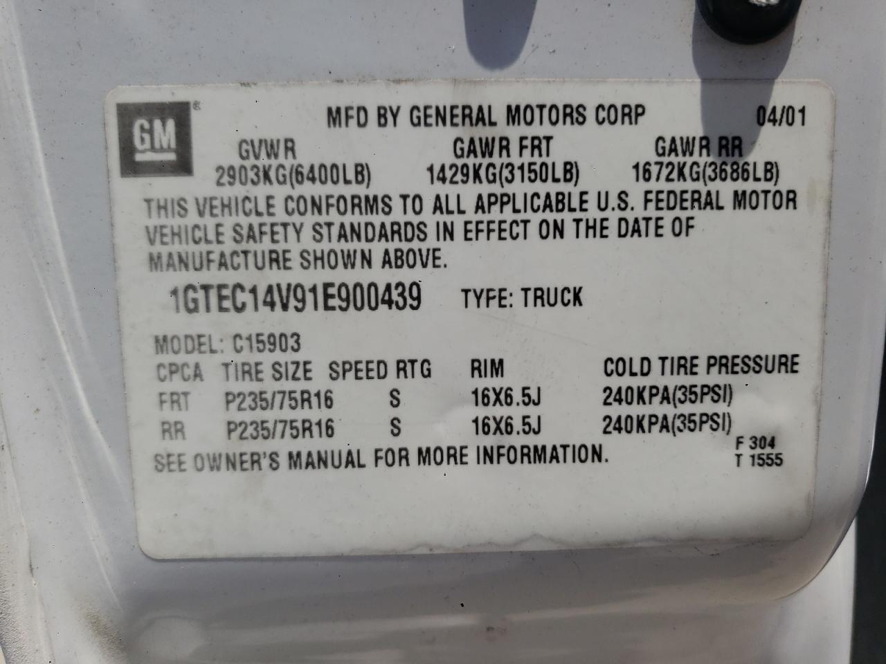 Photo 10 from auction – 2001 GMC NEW SIERRA with VIN 1GTEC14V91E900439