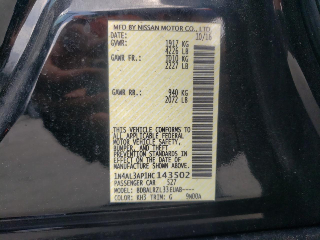 Photo 10 from auction – 2017 NISSAN ALTIMA 2.5 with VIN 1N4AL3AP1HC143502
