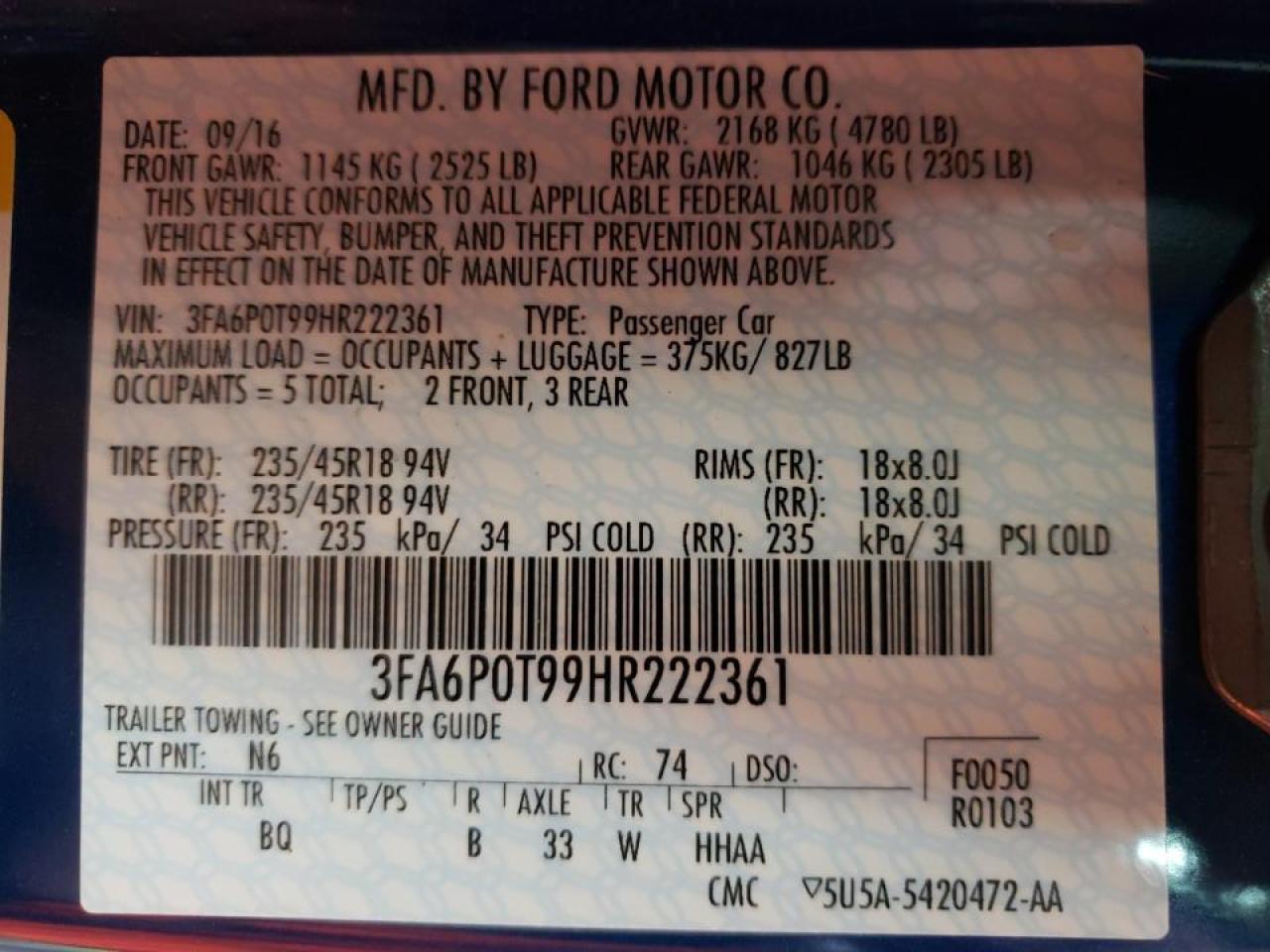 Photo 20 from auction – 2017 FORD FUSION SE with VIN 3FA6P0T99HR222361