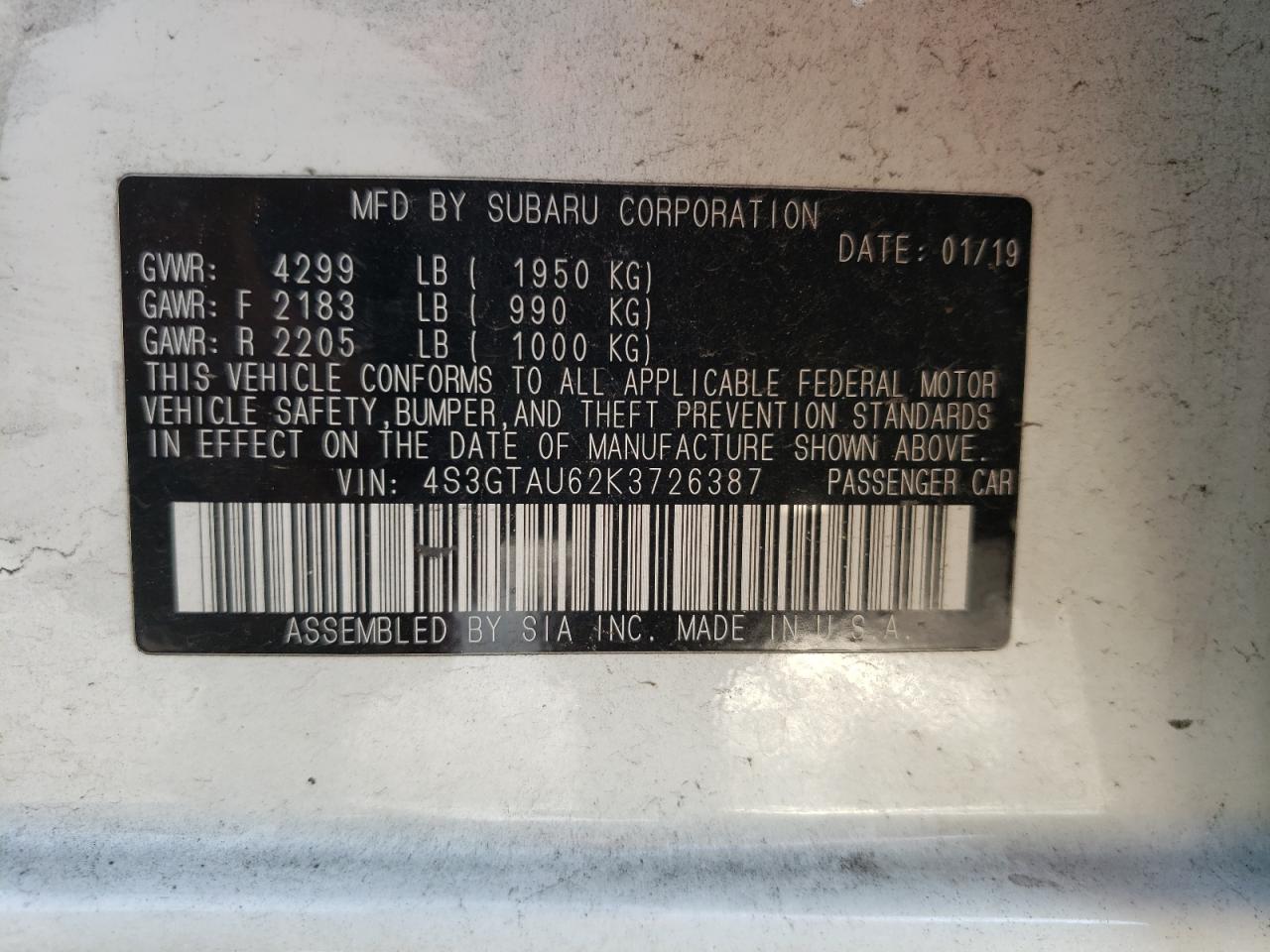 Photo 10 from auction – 2019 SUBARU IMPREZA LI with VIN 4S3GTAU62K3726387