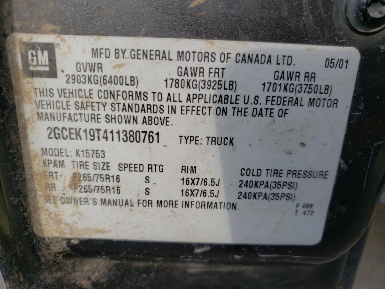 Photo 10 from auction – 2001 CHEVROLET SILVERADO with VIN 2GCEK19T411380761