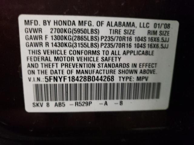 HONDA PILOT EX 2008 with VIN 5FNYF18428B044268 - Photo from auction