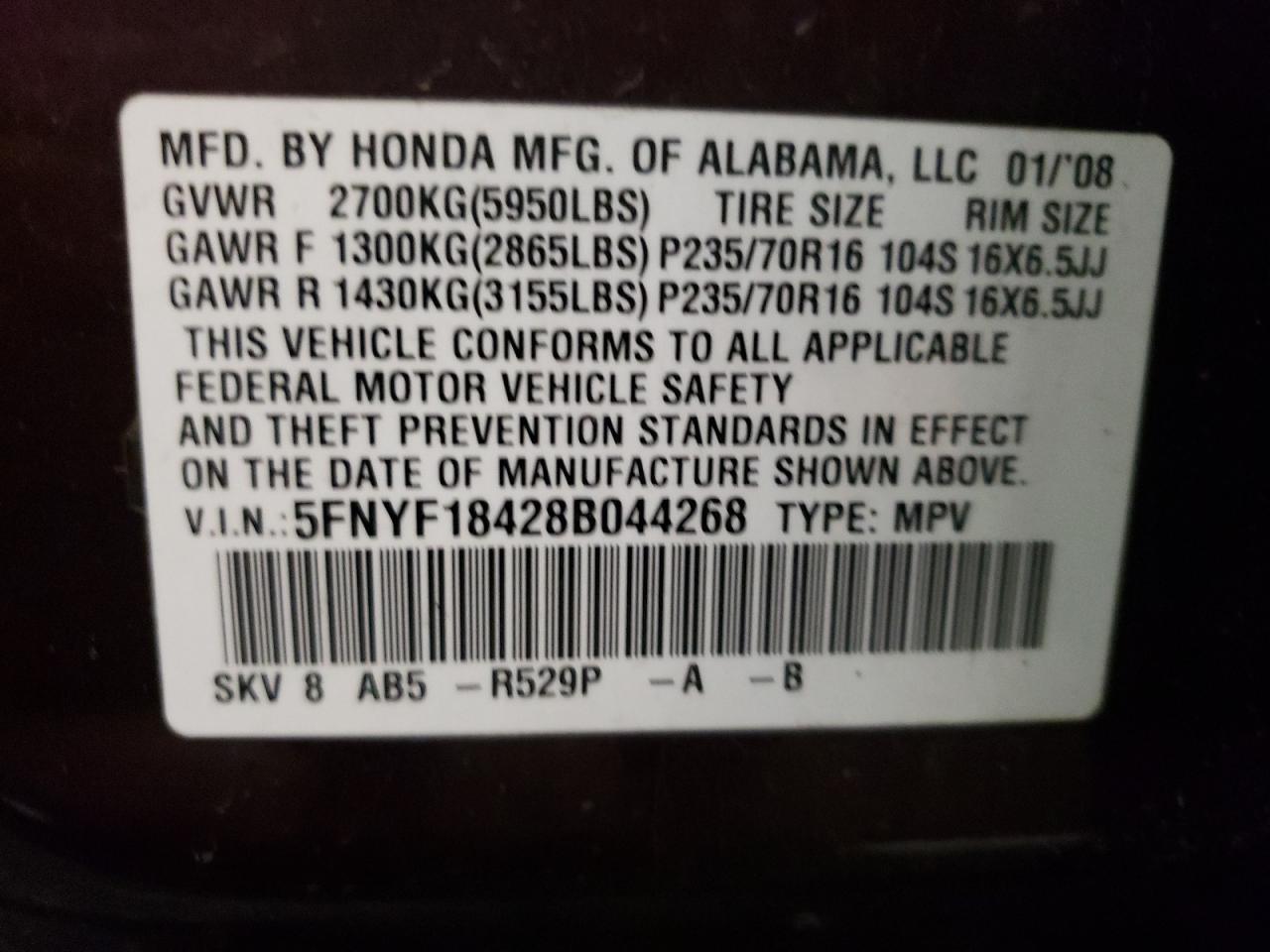 Photo 11 from auction – 2008 HONDA PILOT EX with VIN 5FNYF18428B044268
