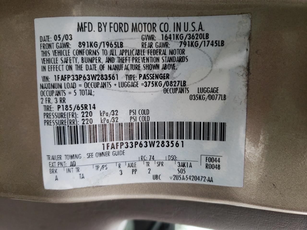 Photo 10 from auction – 2003 FORD FOCUS LX with VIN 1FAFP33P63W283561