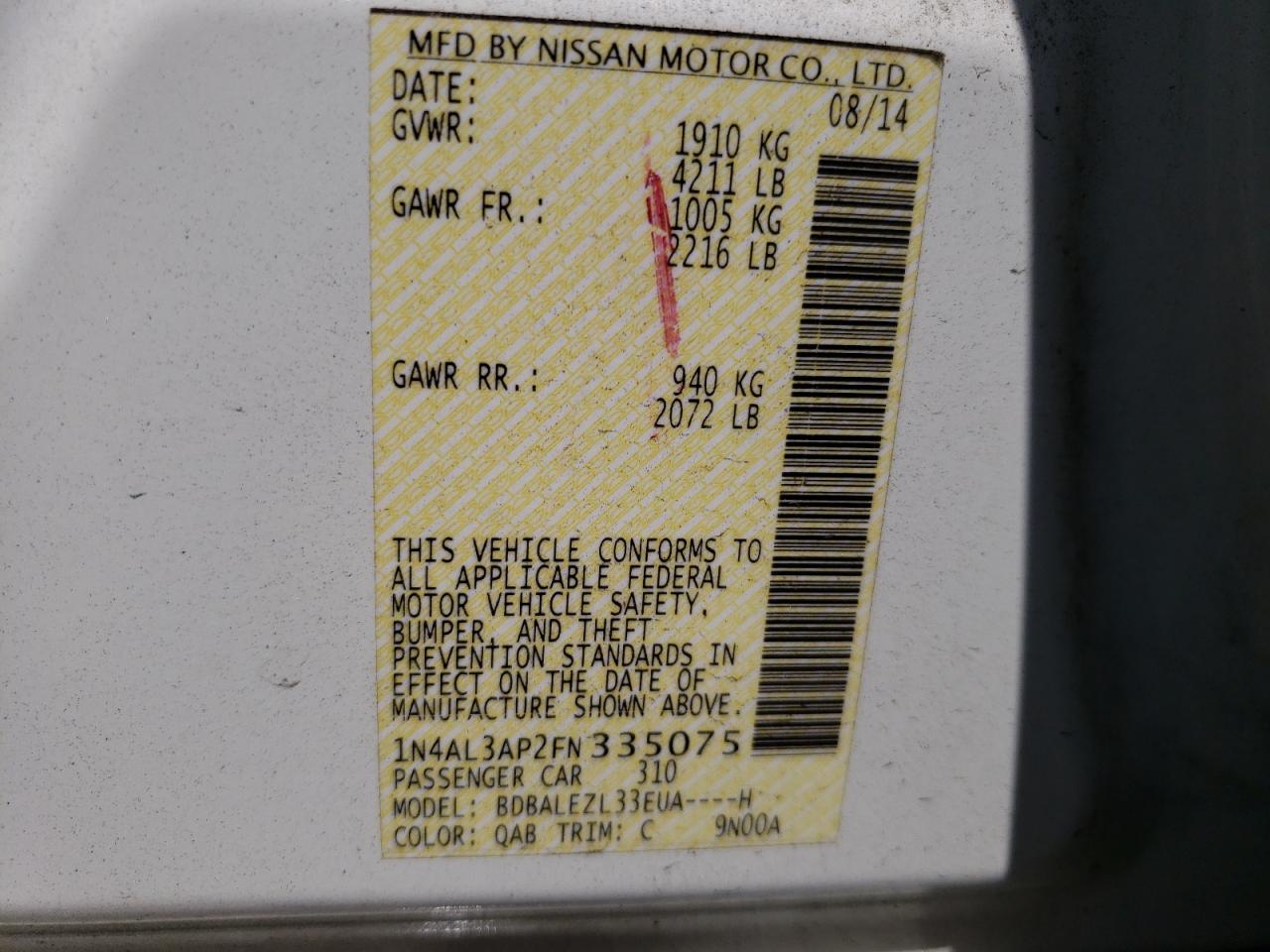 Photo 10 from auction – 2015 NISSAN ALTIMA 2.5 with VIN 1N4AL3AP2FN335075