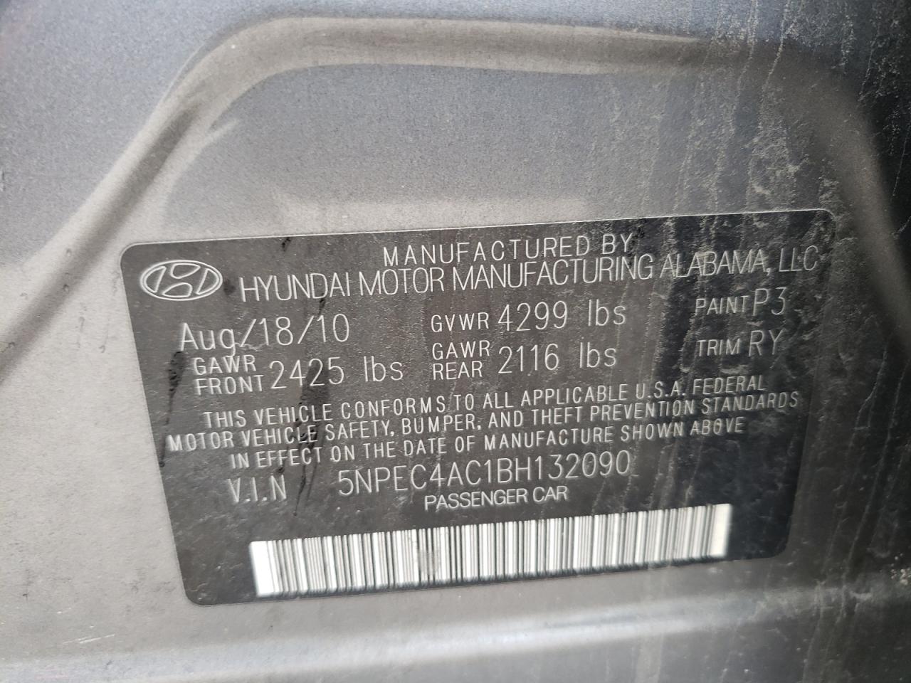 Photo 10 from auction – 2011 HYUNDAI SONATA SE with VIN 5NPEC4AC1BH132090