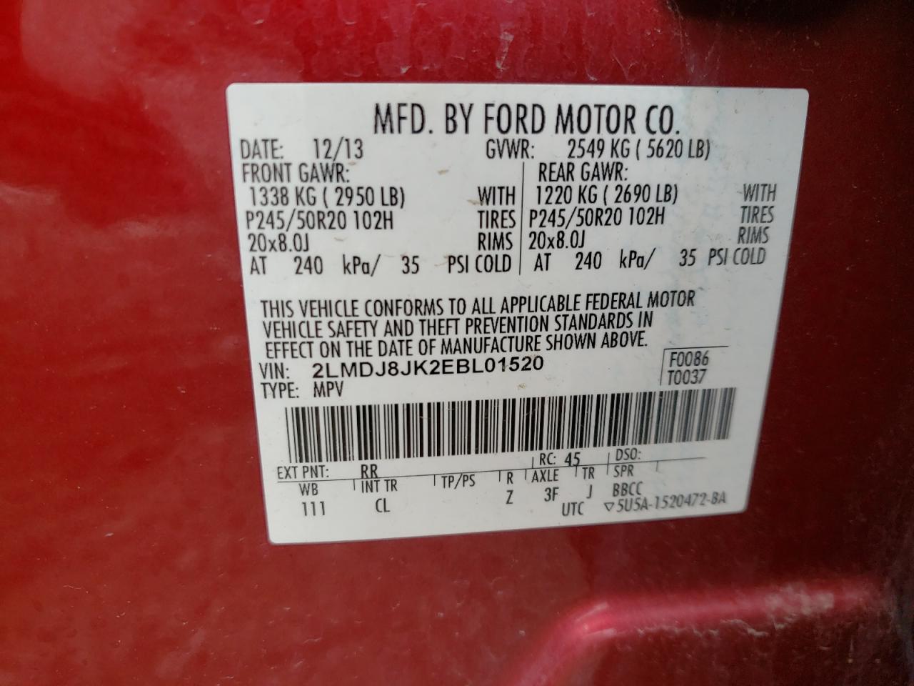 Photo 10 from auction – 2014 LINCOLN MKX with VIN 2LMDJ8JK2EBL01520