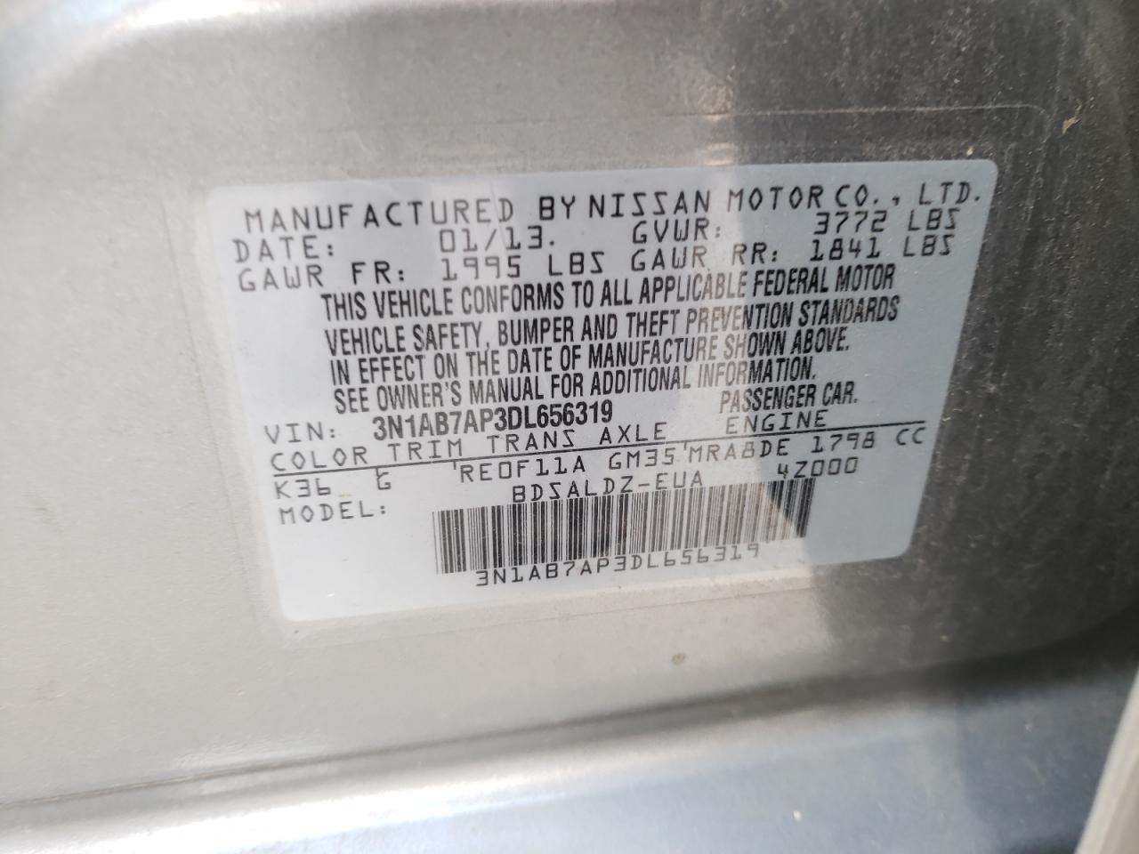 Photo 10 from auction – 2013 NISSAN SENTRA S with VIN 3N1AB7AP3DL656319