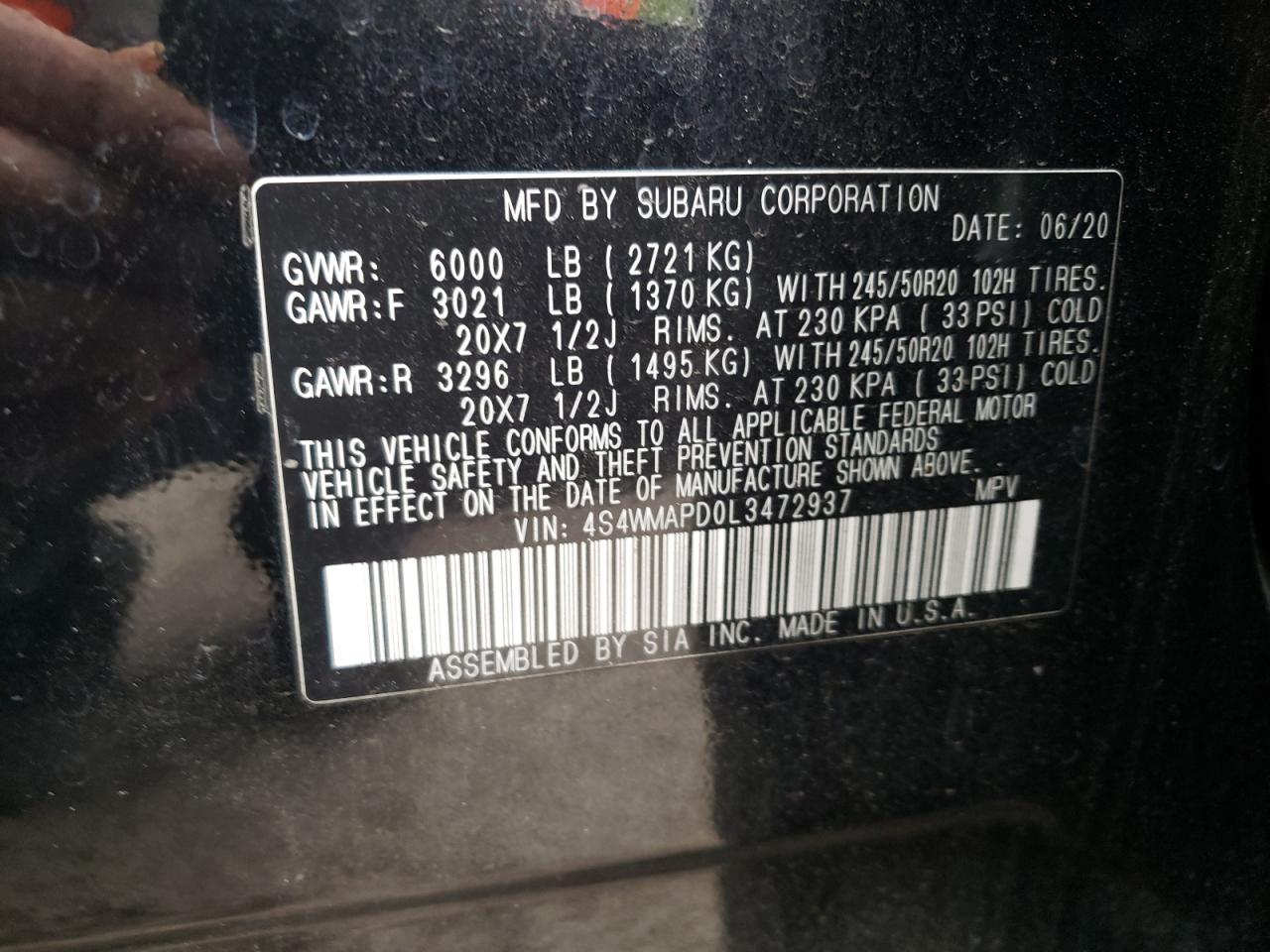 Foto 11 de la subasta – 2020 SUBARU ASCENT LIM con VIN 4S4WMAPD0L3472937
