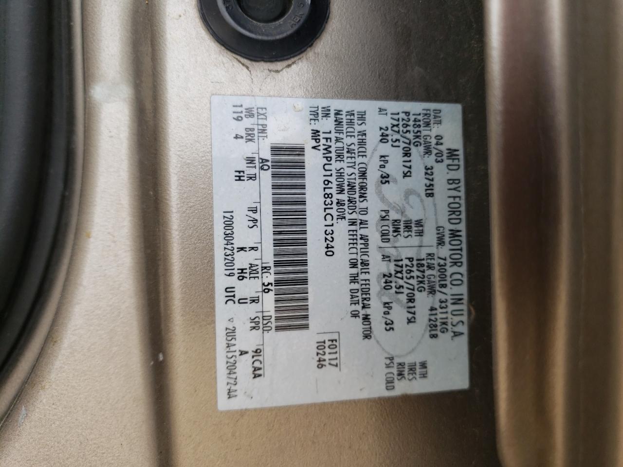 Photo 10 from auction – 2003 FORD EXPEDITION with VIN 1FMPU16L83LC13240