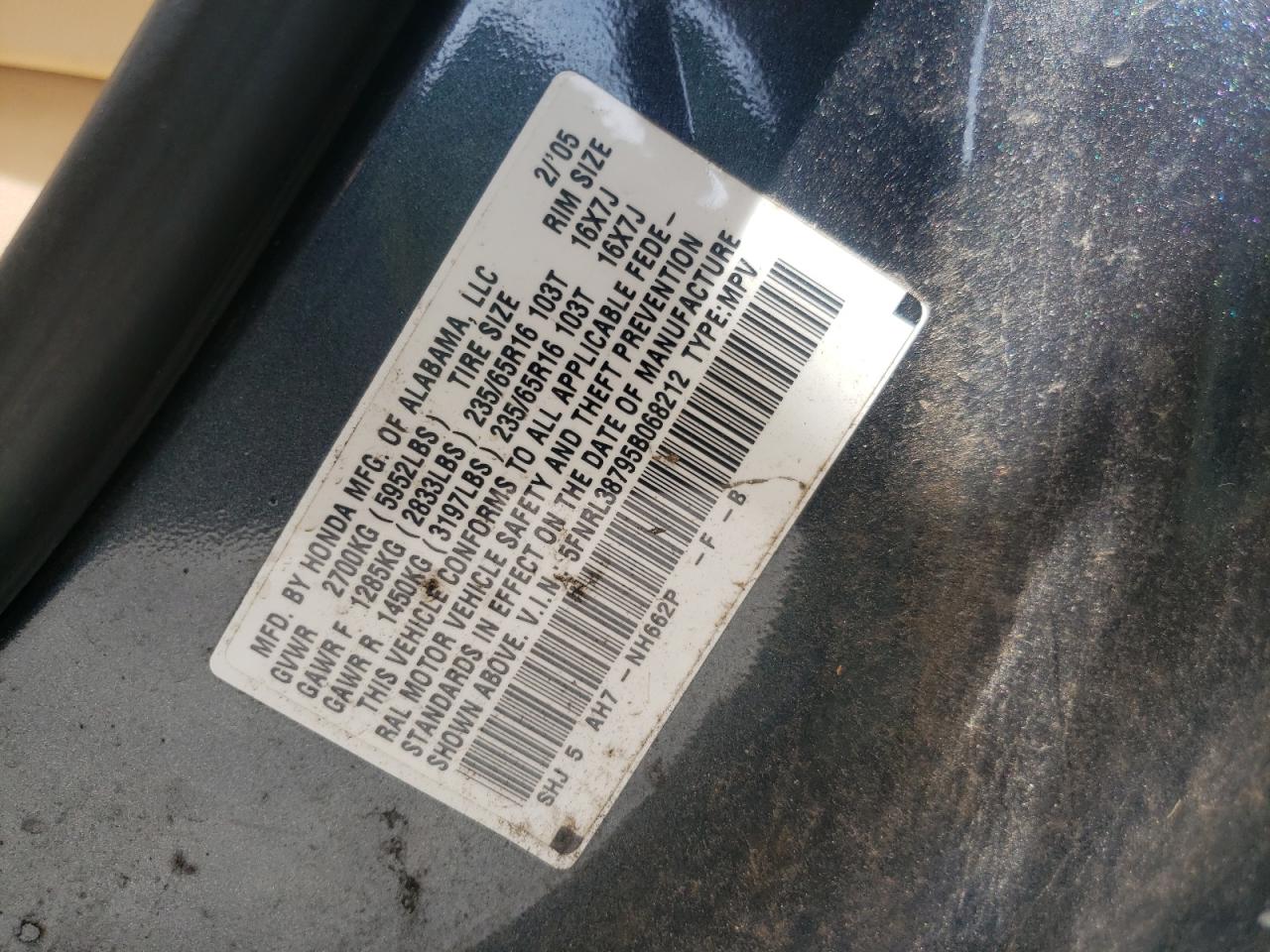 Photo 10 from auction – 2005 HONDA ODYSSEY EX with VIN 5FNRL38795B068212