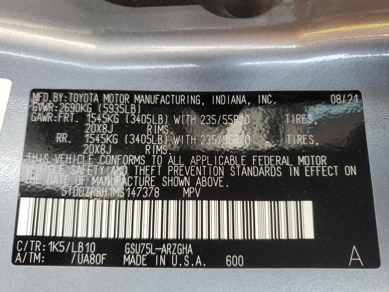 Photo 10 from auction – 2021 TOYOTA HIGHLANDER with VIN 5TDDZRBH1MS147378