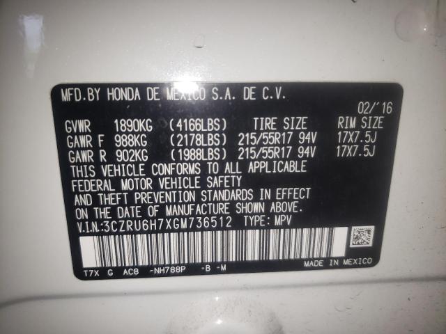 Photo 10 from auction – 2016 HONDA HRV with VIN 3CZRU6H7XGM736512