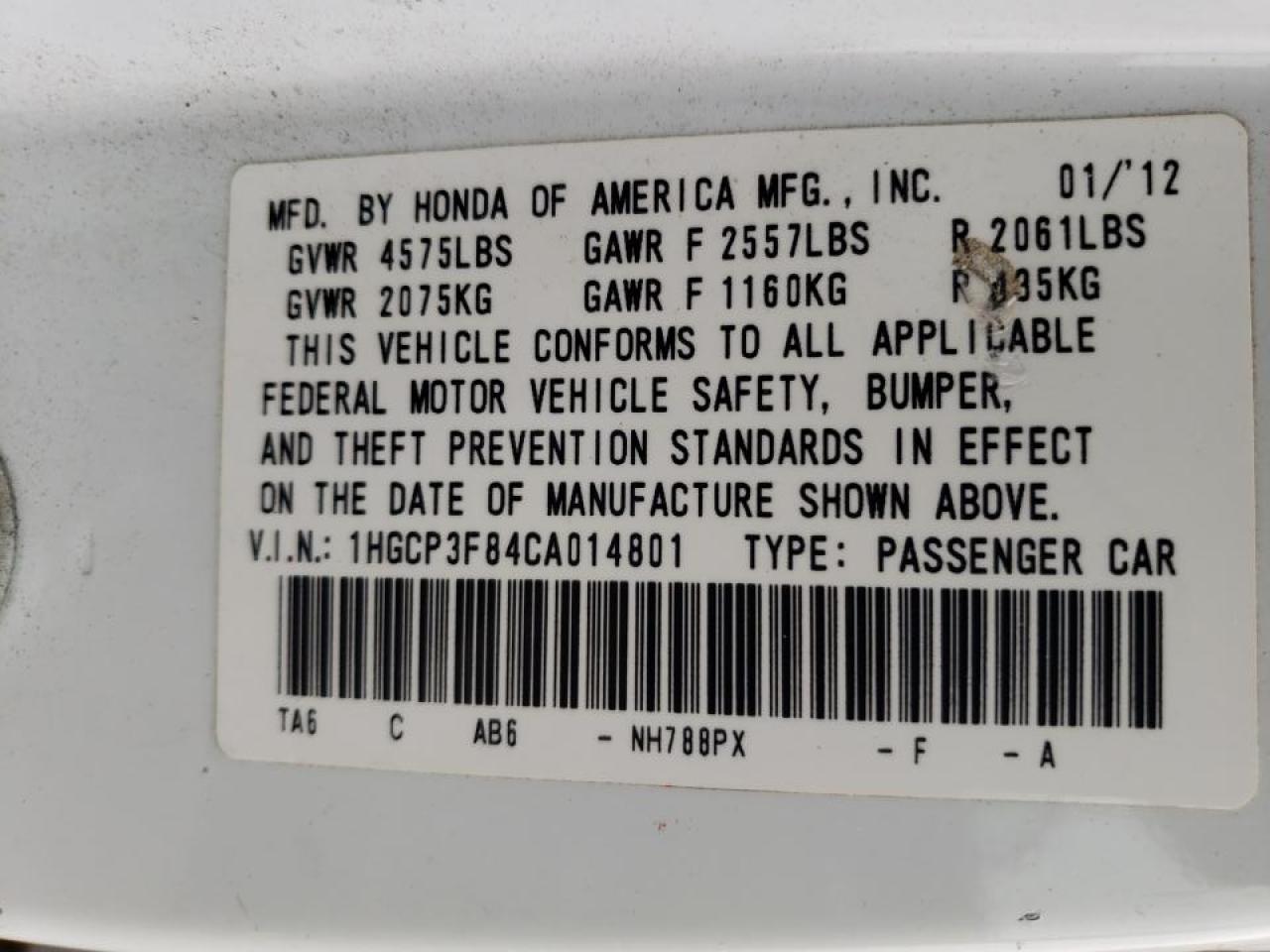 Photo 10 from auction – 2012 HONDA ACCORD EXL with VIN 1HGCP3F84CA014801
