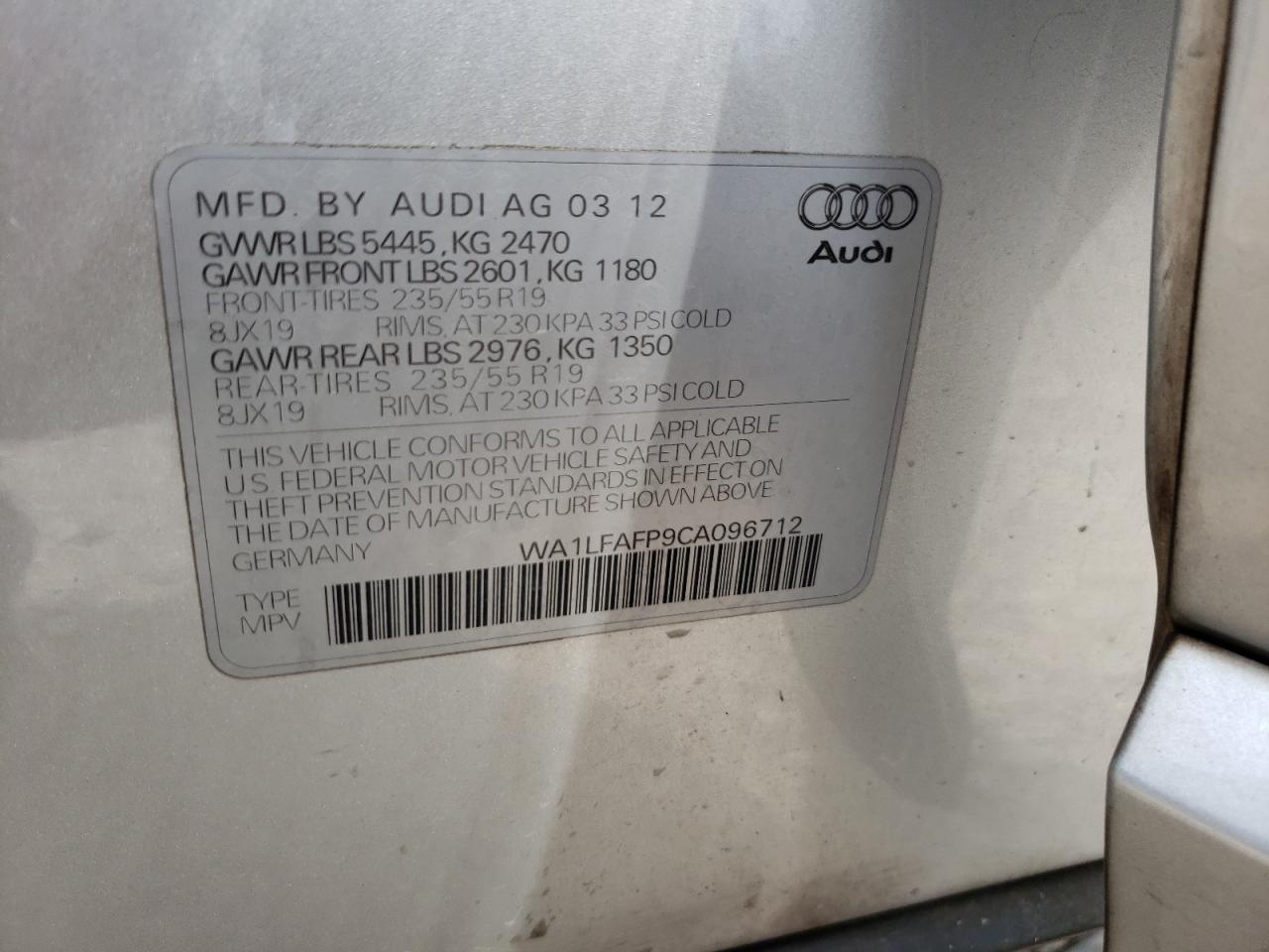 Фото 10 с аукциона – 2012 AUDI Q5 PREMIUM с VIN WA1LFAFP9CA096712