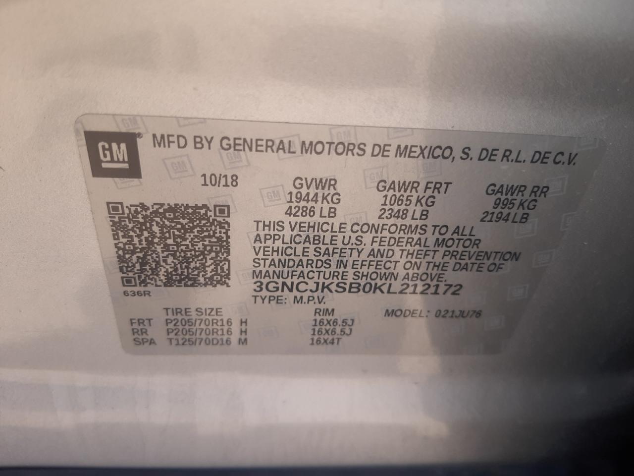 Photo 10 from auction – 2019 CHEVROLET TRAX LS with VIN 3GNCJKSB0KL212172