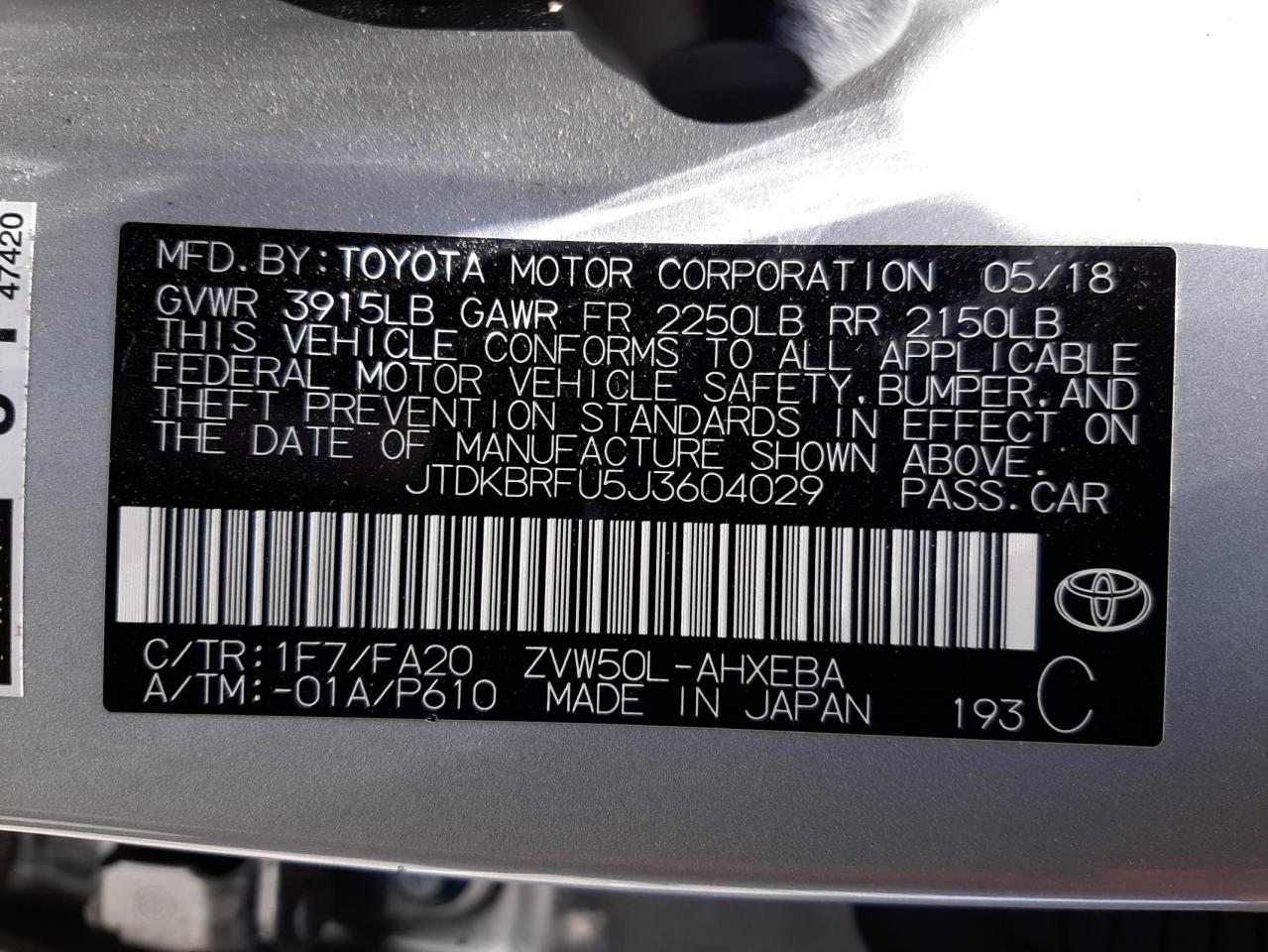 Photo 10 from auction – 2018 TOYOTA PRIUS with VIN JTDKBRFU5J3604029