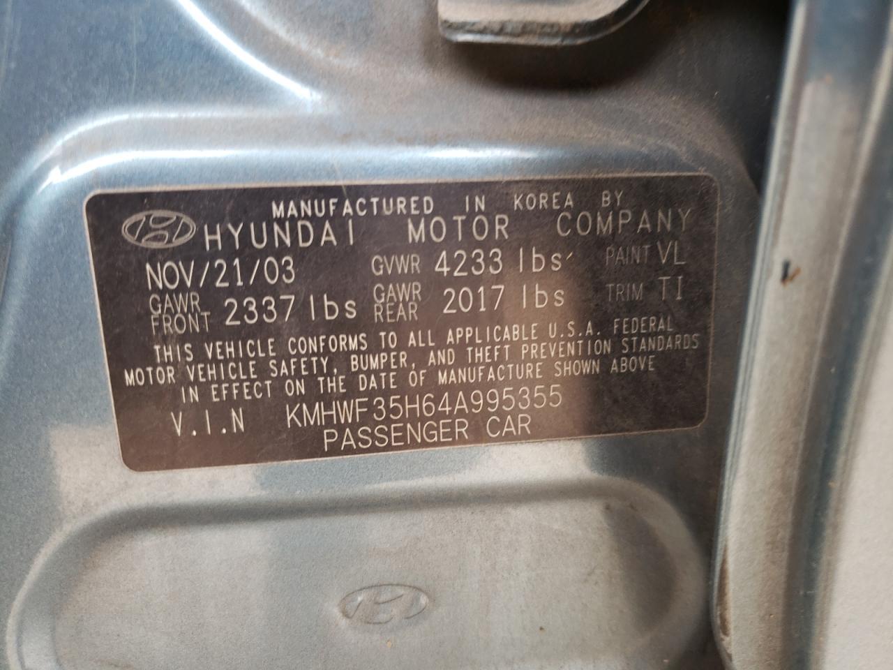 Photo 10 from auction – 2004 HYUNDAI SONATA GLS with VIN KMHWF35H64A995355