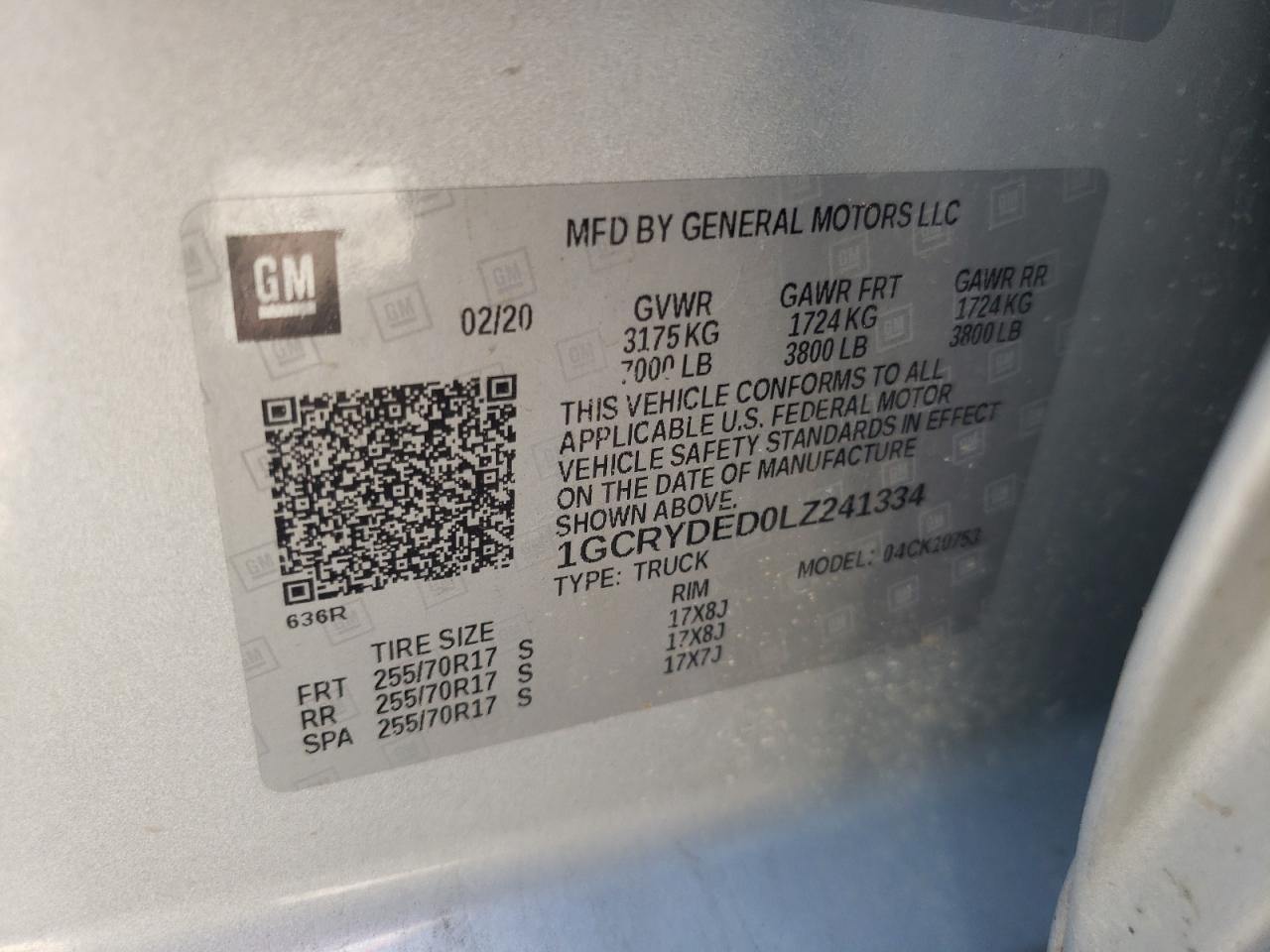 Photo 10 from auction – 2020 CHEVROLET SILVERADO with VIN 1GCRYDED0LZ241334
