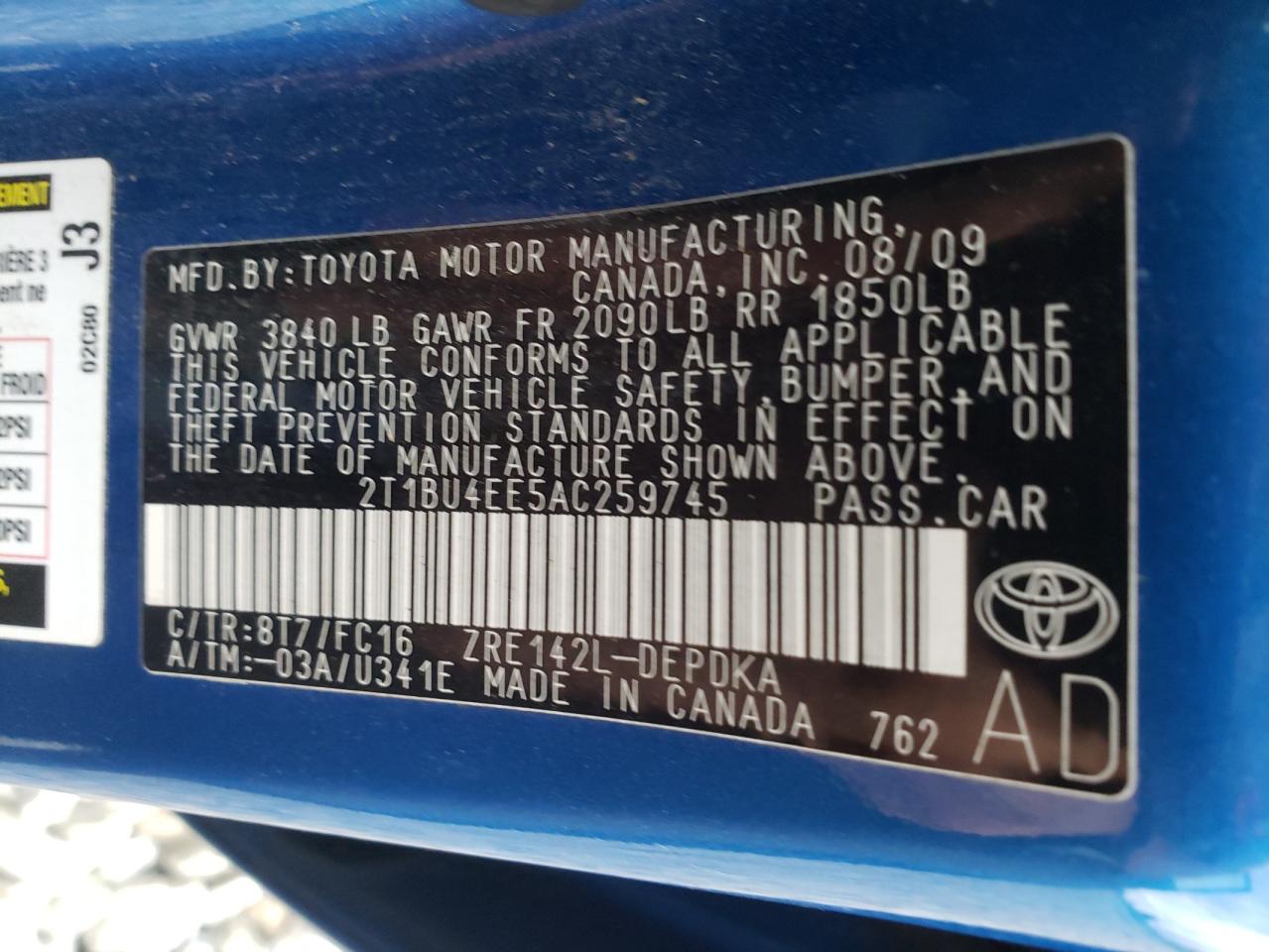 Photo 10 from auction – 2010 TOYOTA COROLLA BA with VIN 2T1BU4EE5AC259745
