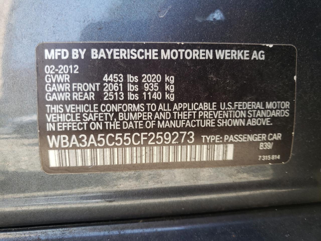 Photo 10 from auction – 2012 BMW 328 I with VIN WBA3A5C55CF259273