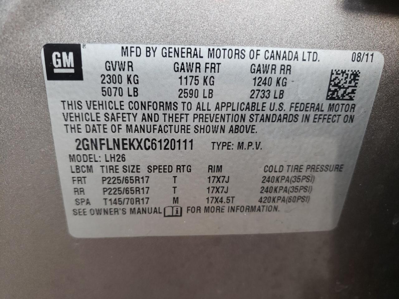 Photo 11 from auction – 2012 CHEVROLET EQUINOX LT with VIN 2GNFLNEKXC6120111