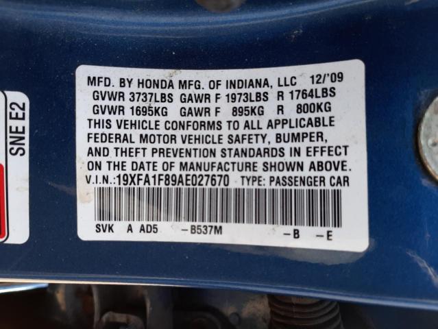 Photo 10 from auction – 2010 HONDA CIVIC with VIN 19XFA1F89AE027670