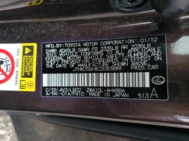Photo 10 from auction – 2012 LEXUS CT 200 with VIN JTHKD5BH8C2083889