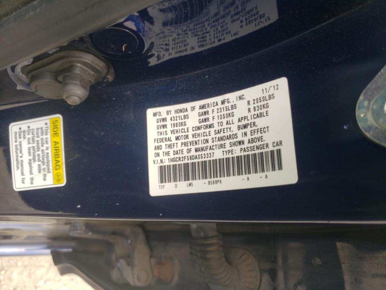 Photo 10 from auction – 2013 HONDA ACCORD with VIN 1HGCR2F58DA053337