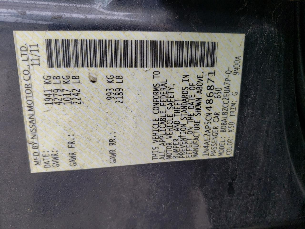 Photo 10 from auction – 2012 NISSAN ALTIMA BAS with VIN 1N4AL2AP5CN486871
