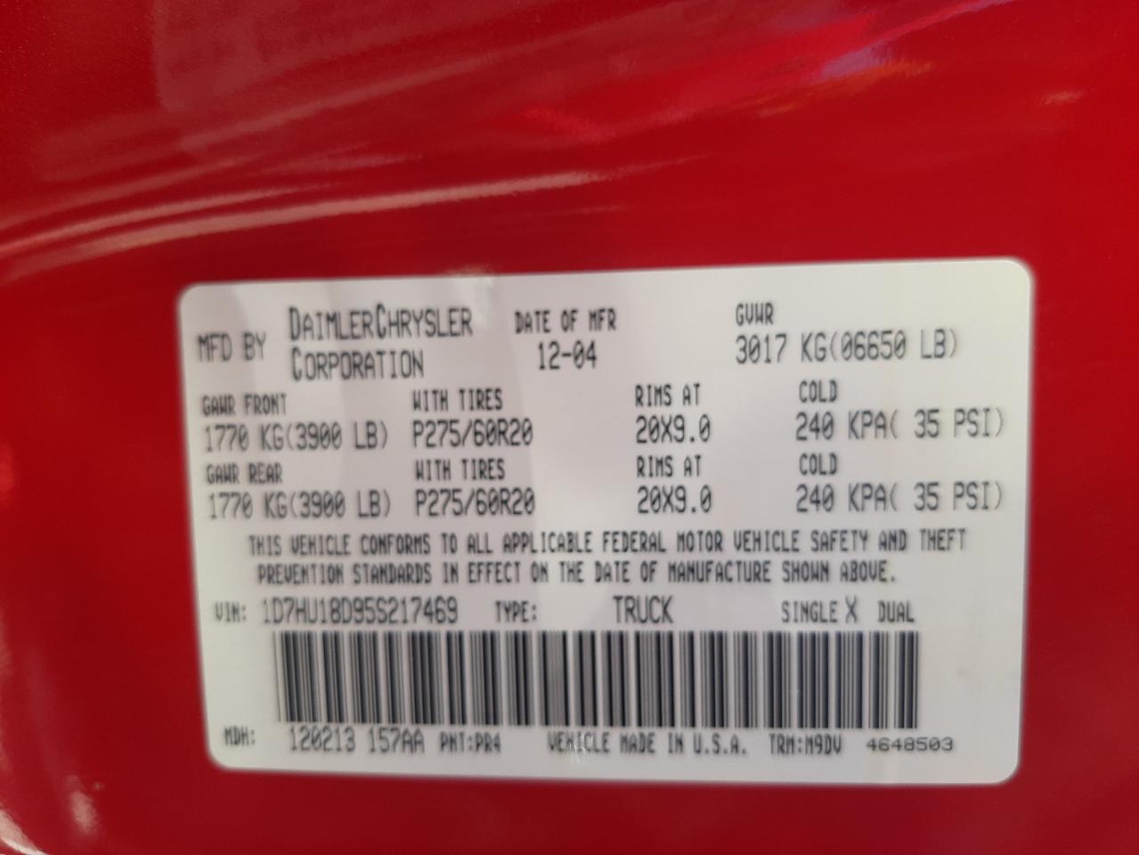 Photo 10 from auction – 2005 DODGE RAM 1500 S with VIN 1D7HU18D95S217469