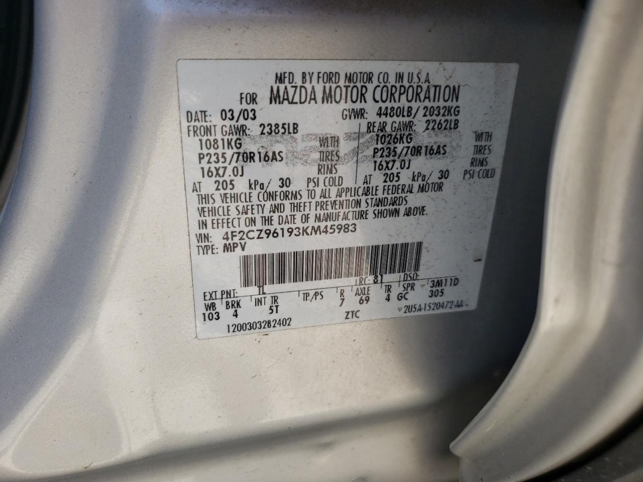 Photo 10 from auction – 2003 MAZDA TRIBUTE ES with VIN 4F2CZ96193KM45983
