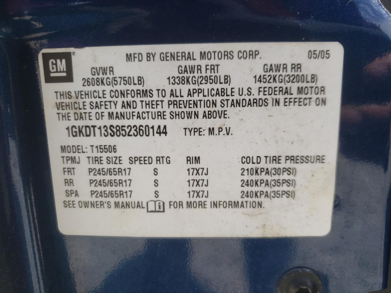 Photo 10 from auction – 2005 GMC ENVOY with VIN 1GKDT13S852360144