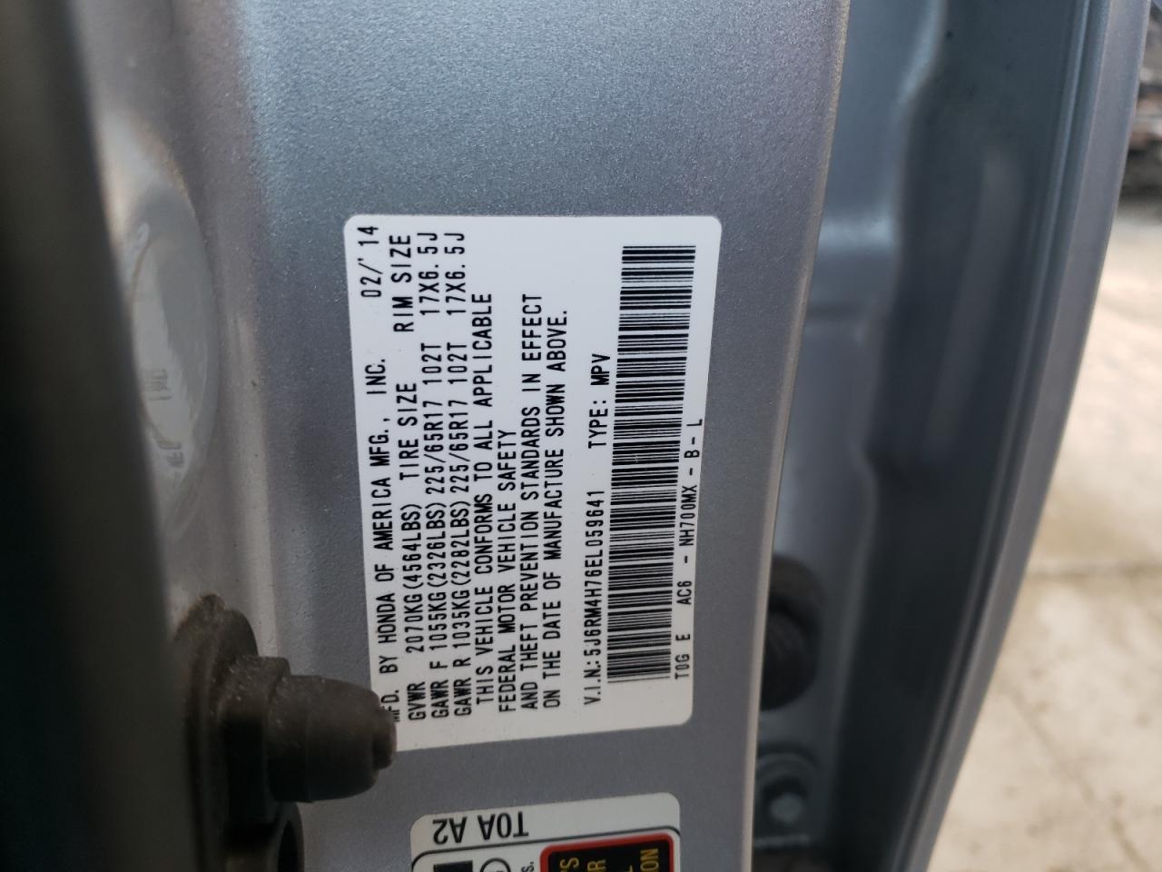 Photo 20 from auction – 2014 HONDA CR-V EXL with VIN 5J6RM4H76EL059641