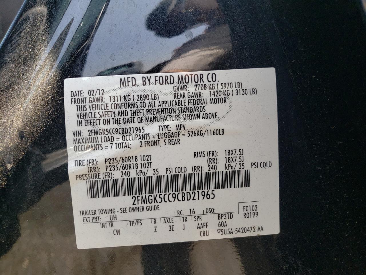 Photo 10 from auction – 2012 FORD FLEX SEL with VIN 2FMGK5CC9CBD21965