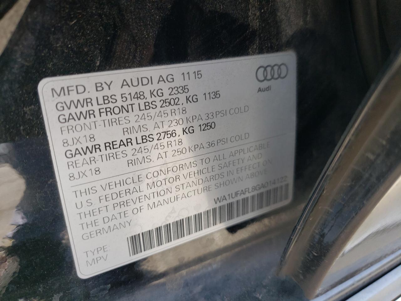 Photo 10 from auction – 2016 AUDI A4 ALLROAD with VIN WA1UFAFL8GA014122