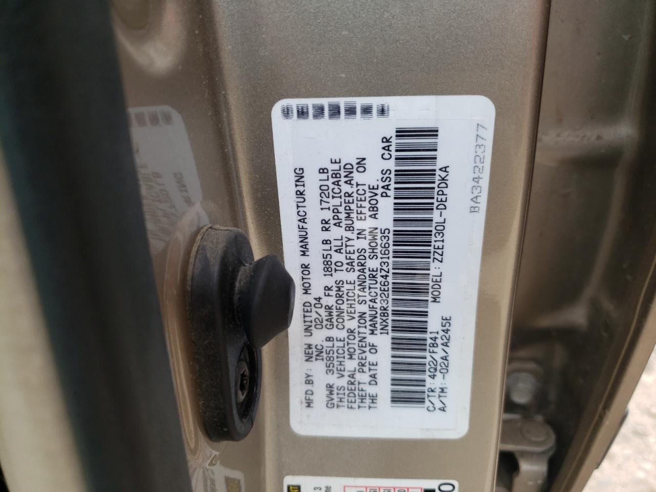 Photo 10 from auction – 2004 TOYOTA COROLLA CE with VIN 1NXBR32E64Z316635