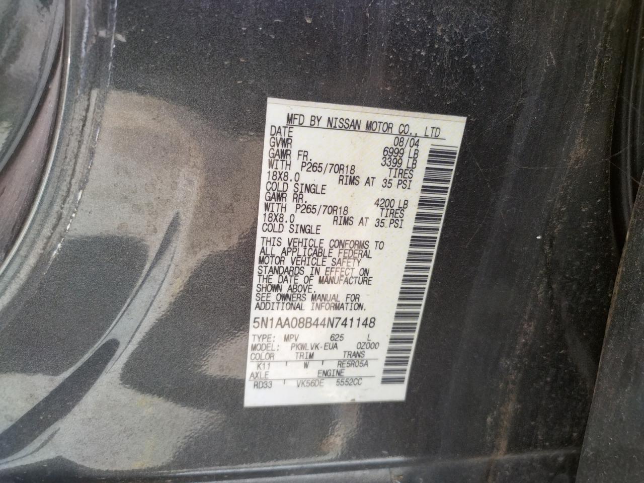 Photo 10 from auction – 2004 NISSAN ARMADA with VIN 5N1AA08B44N741148