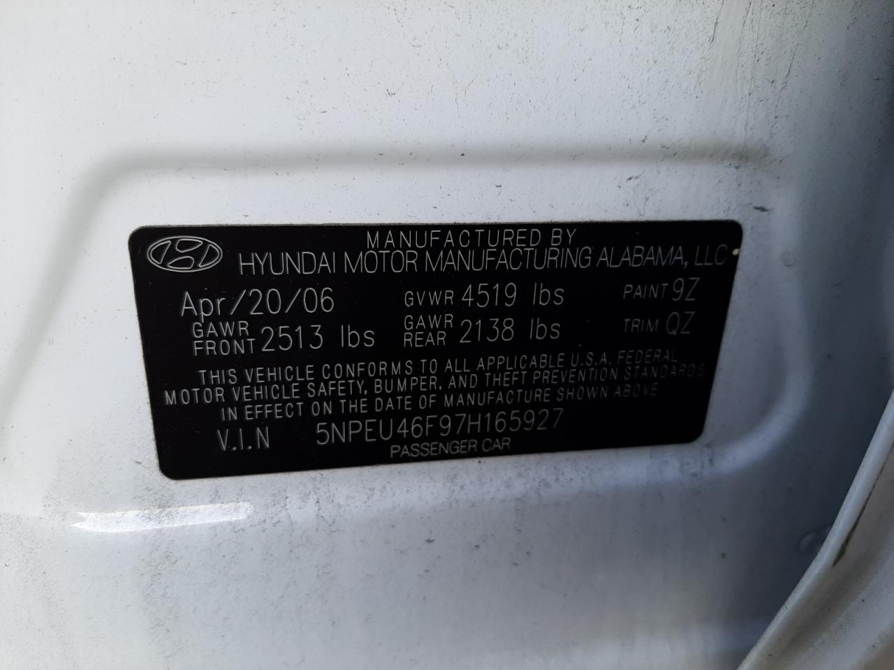Photo 10 from auction – 2007 HYUNDAI SONATA SE with VIN 5NPEU46F97H165927