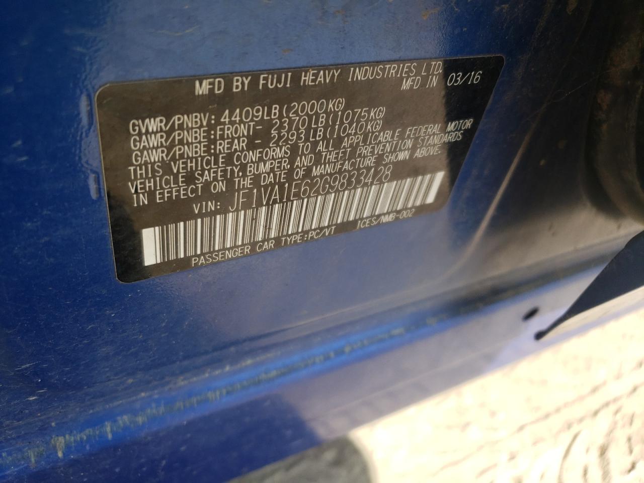 Photo 10 from auction – 2016 SUBARU WRX PREMIU with VIN JF1VA1E62G9833428