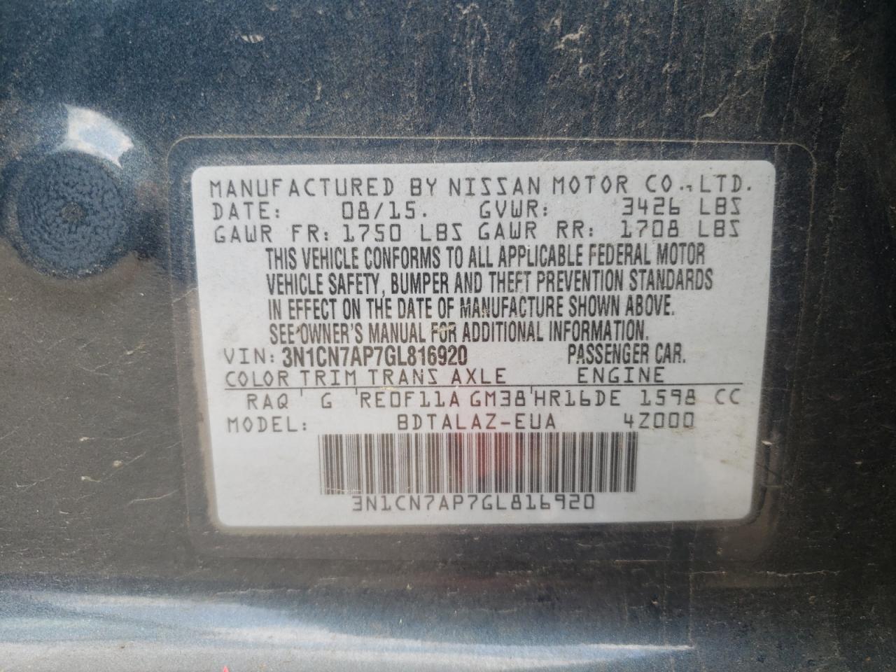 Photo 10 from auction – 2016 NISSAN VERSA S with VIN 3N1CN7AP7GL816920