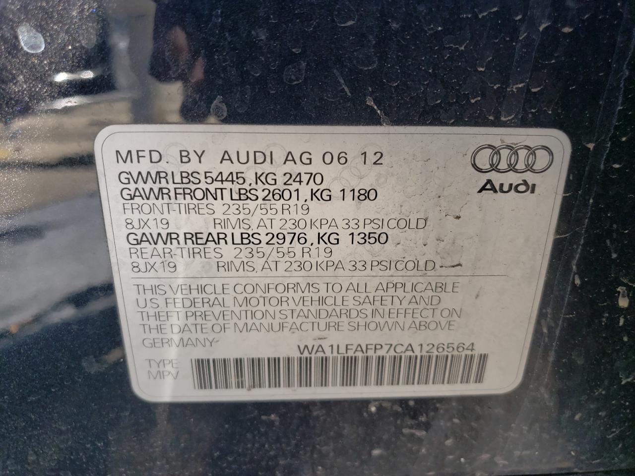 Photo 10 from auction – 2012 AUDI Q5 PREMIUM with VIN WA1LFAFP7CA126564