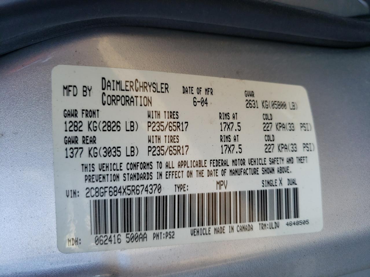 Photo 10 from auction – 2005 CHRYSLER PACIFICA T with VIN 2C8GF684X5R674370