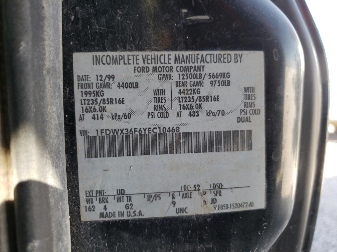 Photo 10 from auction – 2000 FORD F350 SUPER with VIN 1FDWX36F6YEC10468