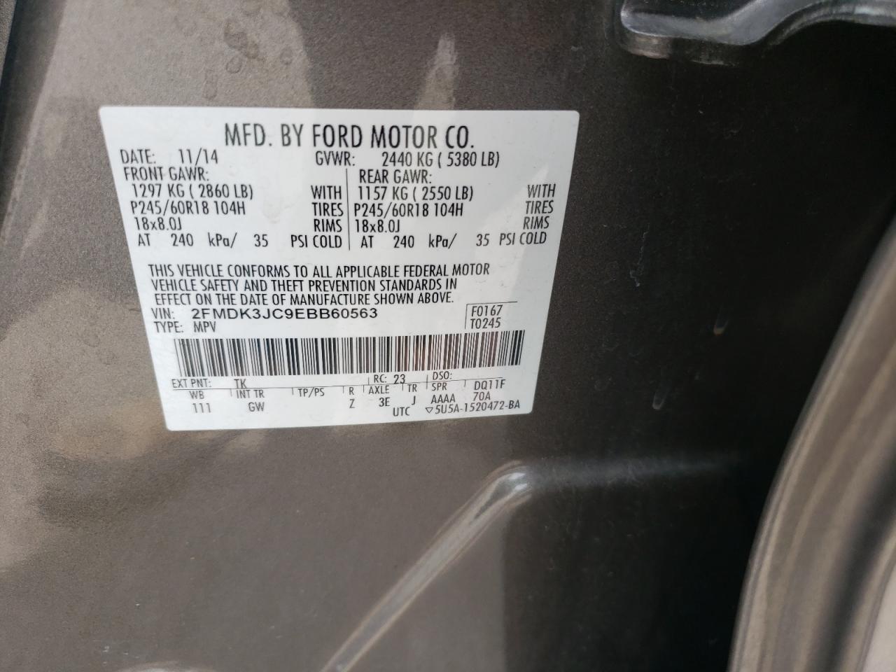 Photo 10 from auction – 2014 FORD EDGE SEL with VIN 2FMDK3JC9EBB60563