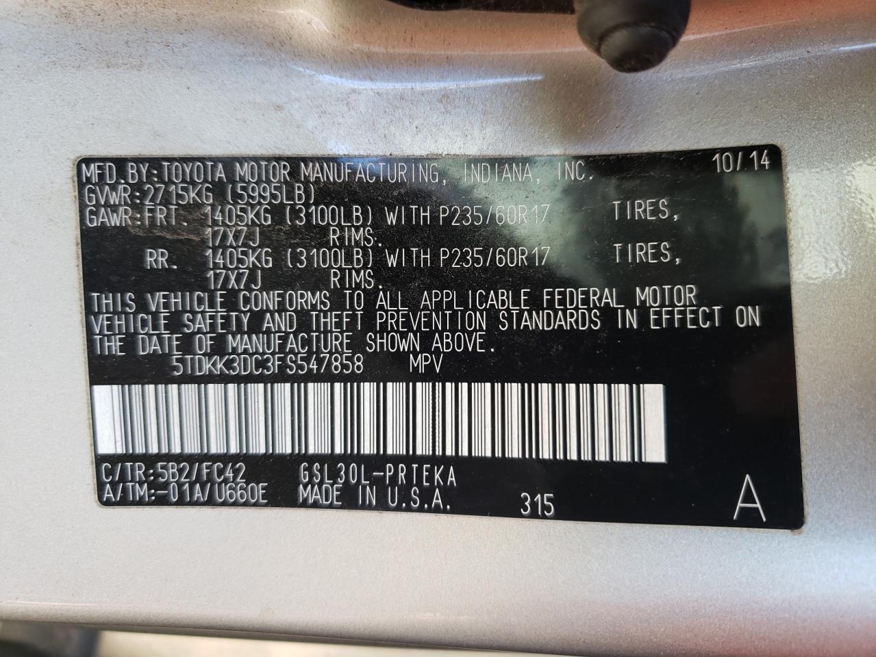 Photo 10 from auction – 2015 TOYOTA SIENNA LE with VIN 5TDKK3DC3FS547858