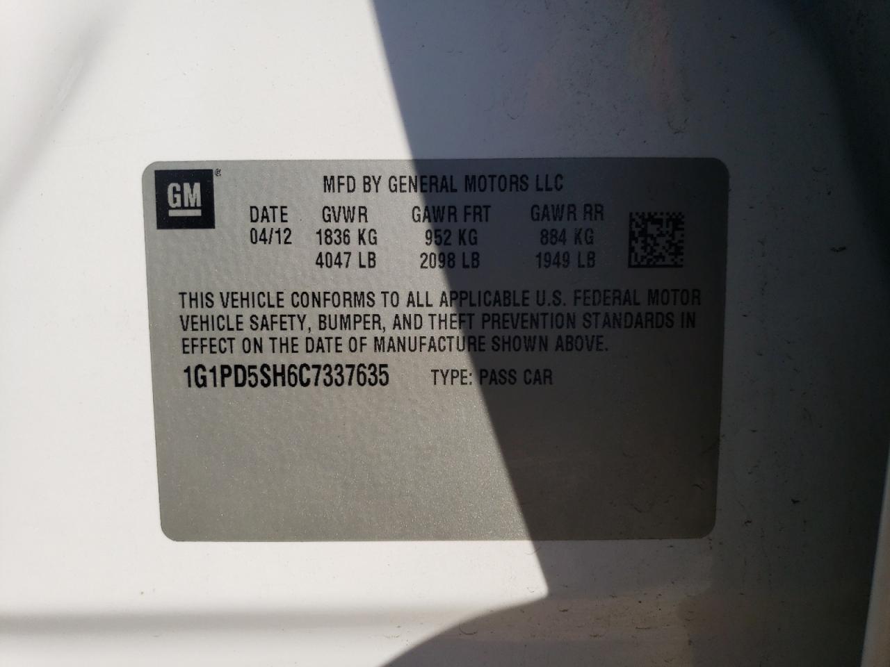Photo 10 from auction – 2012 CHEVROLET CRUZE LS with VIN 1G1PD5SH6C7337635