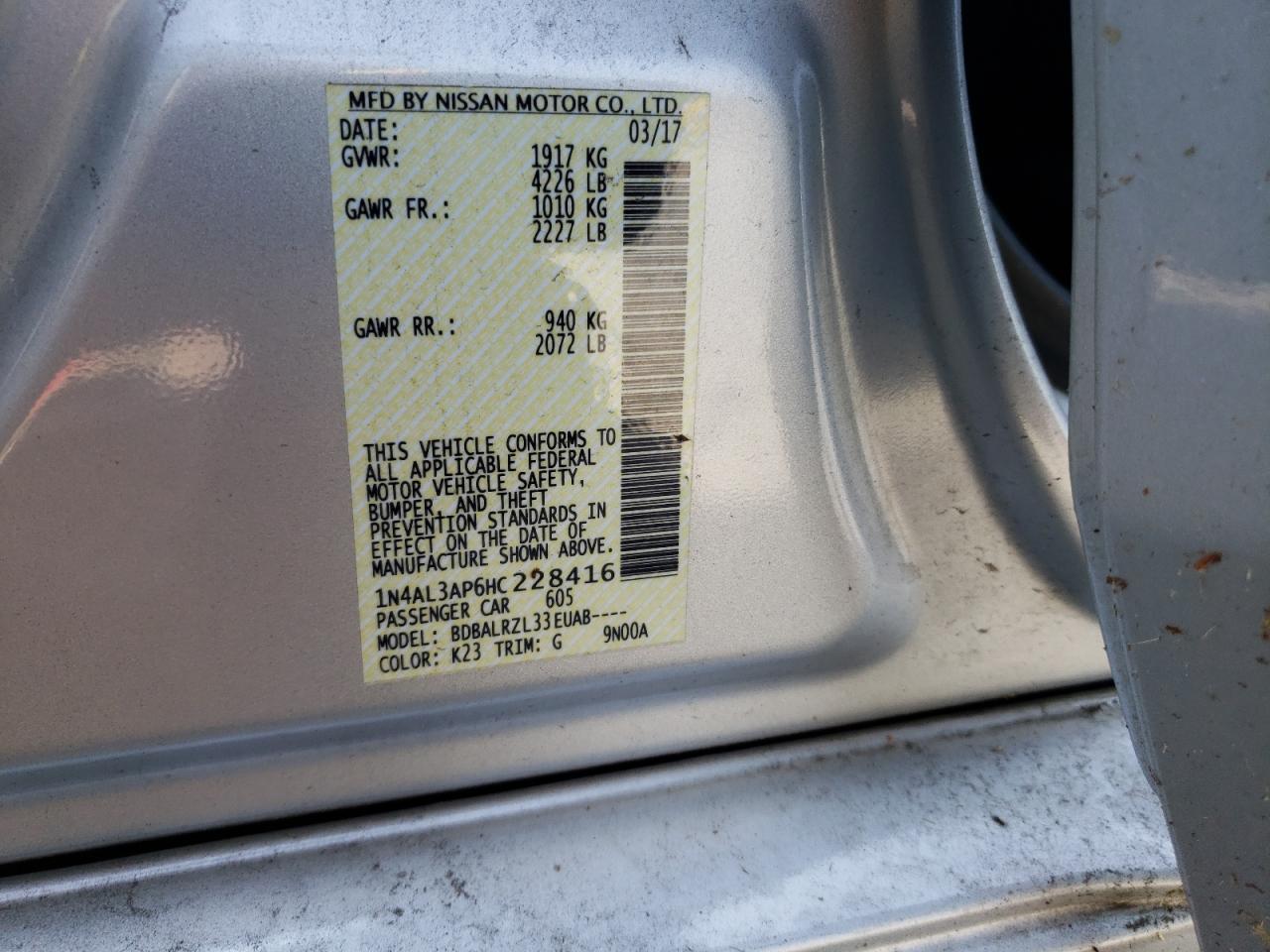 Photo 10 from auction – 2017 NISSAN ALTIMA 2.5 with VIN 1N4AL3AP6HC228416